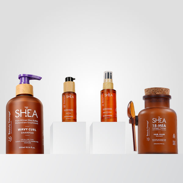 Shea Curl Shampoo, Hair Oil, Spray & Hair Filler Combo – Enhance and define curls with nourishing, hydrating hair care.