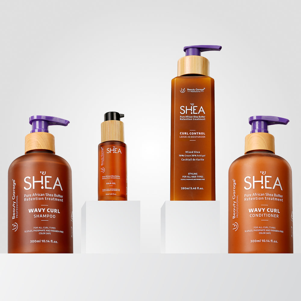 Shea Wavy Curl combo pack of 4 with shampoo, conditioner, hair oil, and leave-in moisturizer for enhanced curl definition.