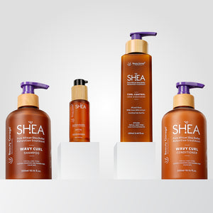 Shea Wavy Curl combo pack of 4 with shampoo, conditioner, hair oil, and leave-in moisturizer for enhanced curl definition.