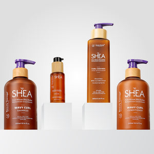 Shea Wavy Curl combo pack of 4 with shampoo, conditioner, hair oil, and leave-in moisturizer for ultimate curl hydration.